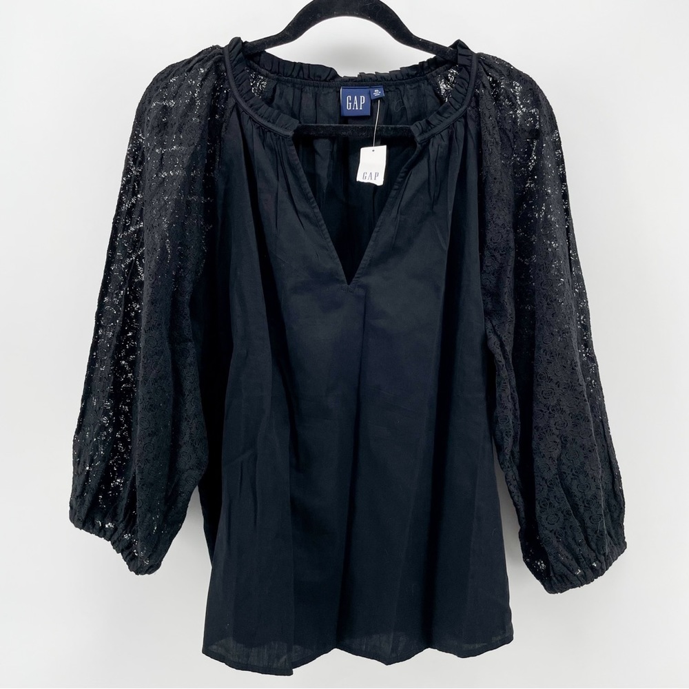 NEW GAP Women’s Blouse Black Split Neck Lace Sleeve XL